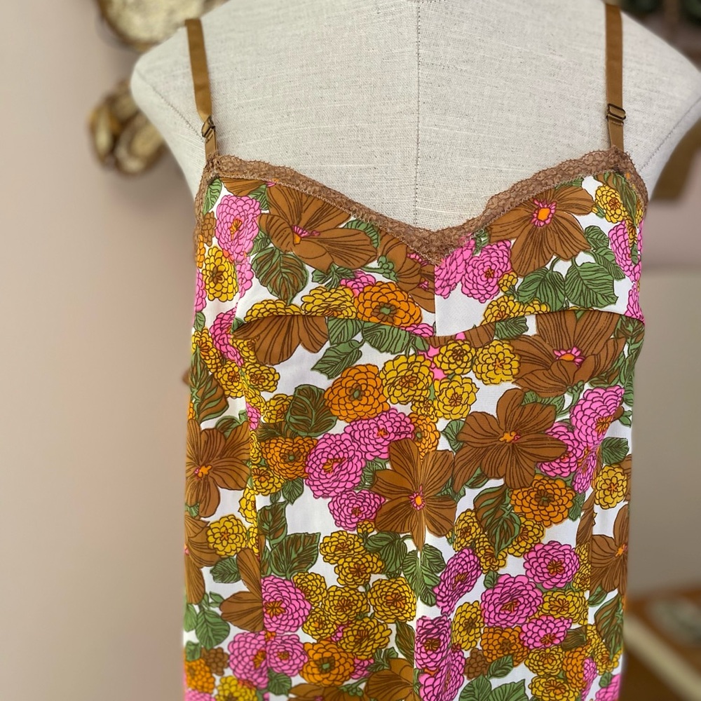1960s Floral Lingerie Strap Mini Slip Dress Lace Trim Size 34 Bust